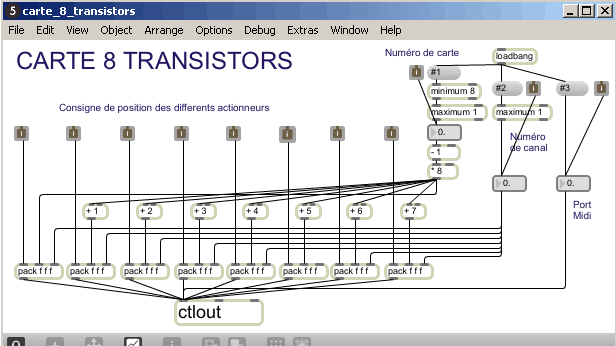 Patch Max MSP pour carte 8 transistors Midi.