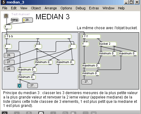 Filtre median sur 3 valeurs - patch Pure-Data.