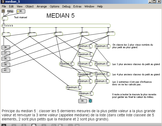 Filtre median sur 5 valeurs - patch Pure-Data.