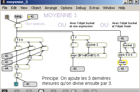 Filtre moyenne sur 3 valeurs - patch Pure-Data.