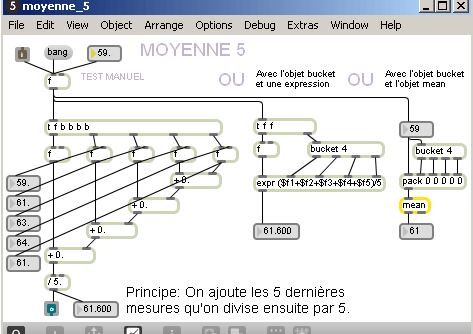 Filtre moyenne sur 5 valeurs - patch Pure-Data.