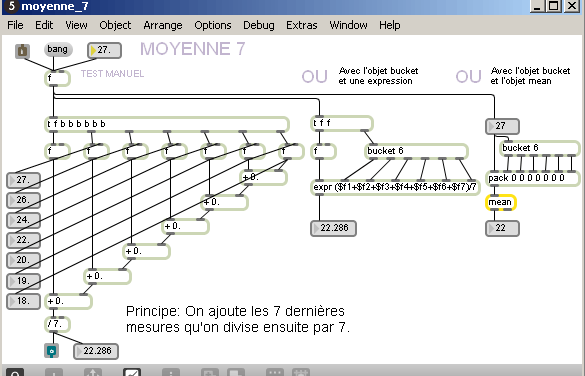 Filtre moyenne sur 7 valeurs - patch Pure-Data.